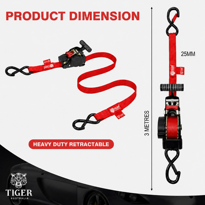 Tiger Australia 25mm x 3m T-Handle™ Retractable Ratchet Straps with Soft Loops-4 Pack(Red Limited Edition)