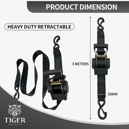 Tiger Australia 50mm x 3m Heavy Duty Auto Retractable Ratchet Straps 4-Pack,2000KG Break Strength, with S-Hooks and Storage Bag, for Trailers, Utes, Boats, Moving