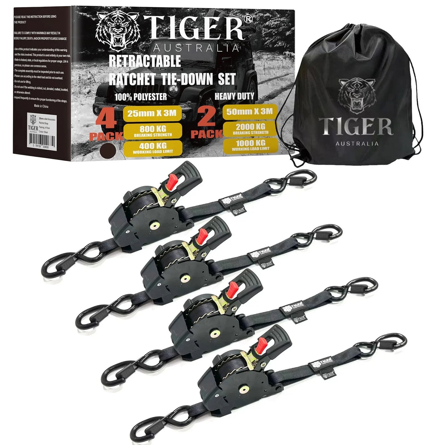 25mm x 3m Auto Retractable Ratchet Straps 4-Pack