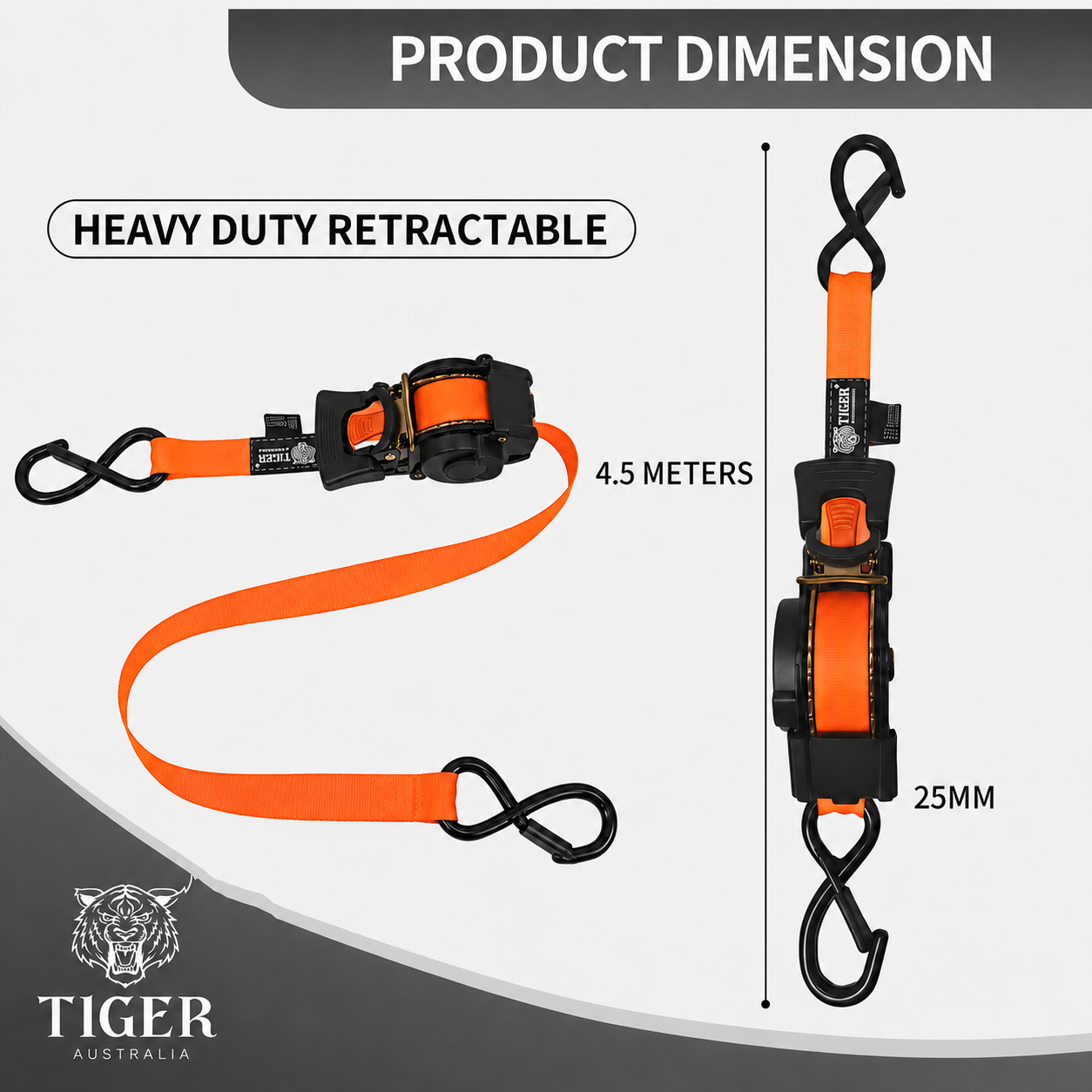 Tiger Australia 25mm x 4.5m Auto Retractable Ratchet Straps with Soft Loops 4-Pack
