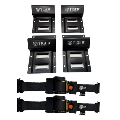 Tiger Australia Wheel Chock Kit with 50mmx4.5m E-Track Retractable Ratchet Tie Down Straps 2PK