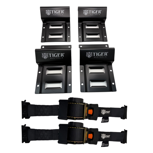 Tiger Australia Wheel Chock Kit with 50mmx4.5m E-Track Retractable Ratchet Tie Down Straps 2PK