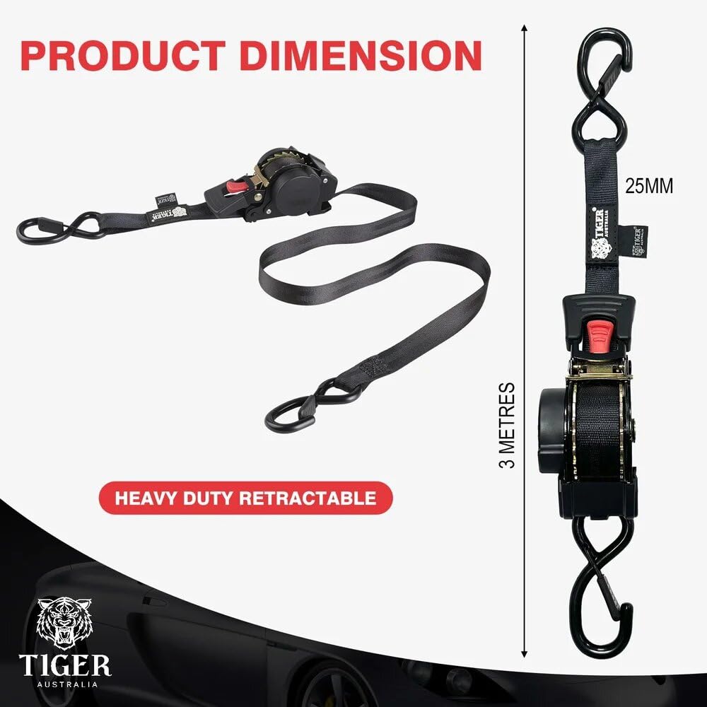 Tiger Australia Retractable Ratchet Straps 25mm x 3m 800KG Heavy Duty 2-Pack