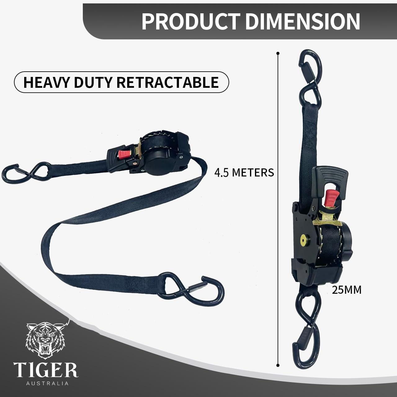 Tiger Australia Retractable Ratchet Straps 4 Pack – 25mm x 4.5m Tie Down Straps, 800KG Break Strength, with S-Hooks and Storage Bag, for Trailers, Utes, Boats, Moving