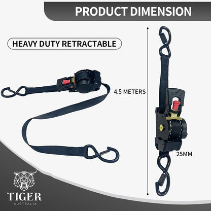 Tiger Australia Retractable Ratchet Straps 4 Pack – 25mm x 4.5m Tie Down Straps, 800KG Break Strength, with S-Hooks and Storage Bag, for Trailers, Utes, Boats, Moving