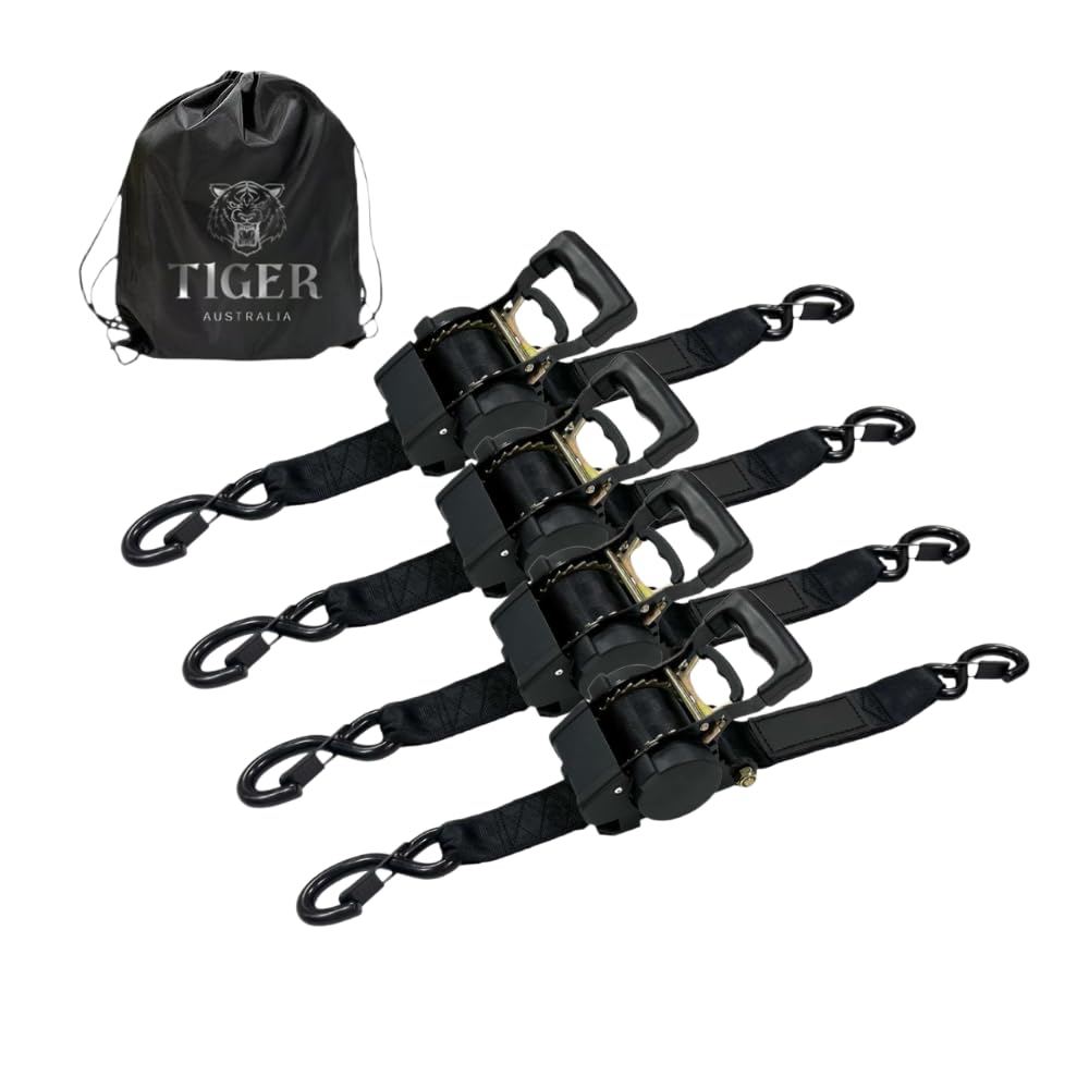 Tiger Australia 50mm x 3m Heavy Duty Auto Retractable Ratchet Straps 4-Pack,2000KG Break Strength, with S-Hooks and Storage Bag, for Trailers, Utes, Boats, Moving