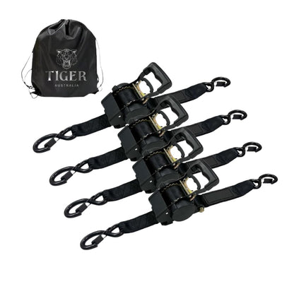 Tiger Australia 50mm x 3m Heavy Duty Auto Retractable Ratchet Straps 4-Pack,2000KG Break Strength, with S-Hooks and Storage Bag, for Trailers, Utes, Boats, Moving