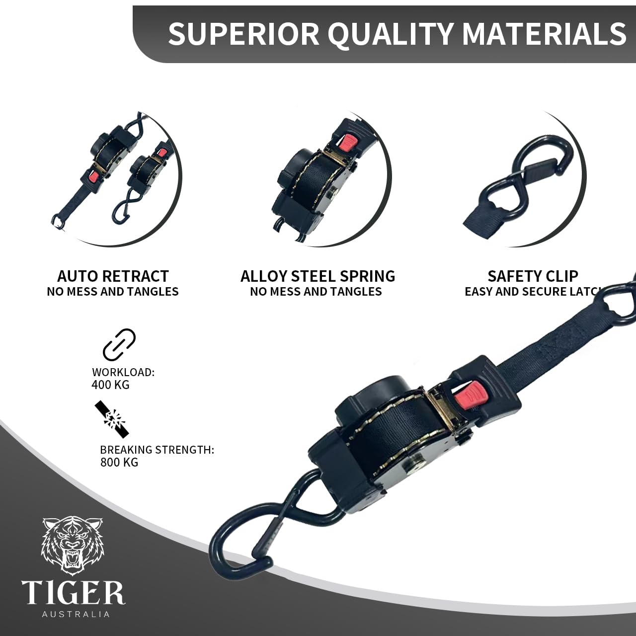 Tiger Australia Retractable Ratchet Straps 4 Pack – 25mm x 4.5m Tie Down Straps, 800KG Break Strength, with S-Hooks and Storage Bag, for Trailers, Utes, Boats, Moving