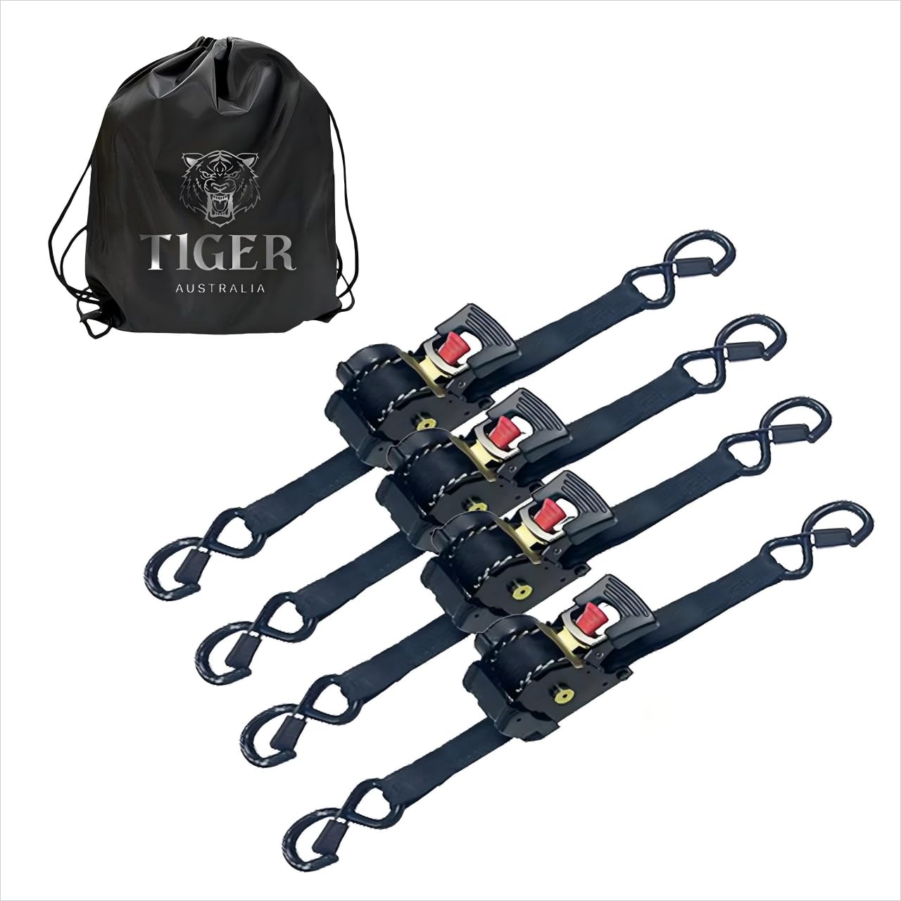 Tiger Australia Retractable Ratchet Straps 4 Pack – 25mm x 4.5m Tie Down Straps, 800KG Break Strength, with S-Hooks and Storage Bag, for Trailers, Utes, Boats, Moving