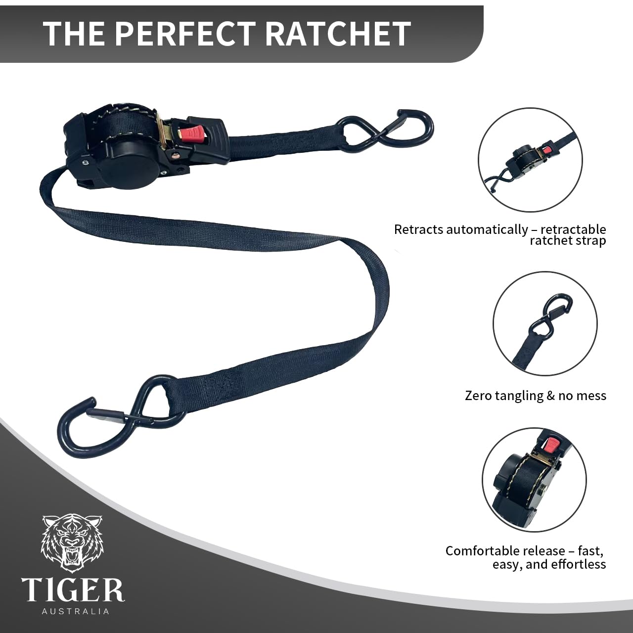 Tiger Australia Retractable Ratchet Straps 4 Pack – 25mm x 4.5m Tie Down Straps, 800KG Break Strength, with S-Hooks and Storage Bag, for Trailers, Utes, Boats, Moving