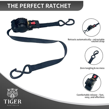 Tiger Australia Retractable Ratchet Straps 4 Pack – 25mm x 4.5m Tie Down Straps, 800KG Break Strength, with S-Hooks and Storage Bag, for Trailers, Utes, Boats, Moving