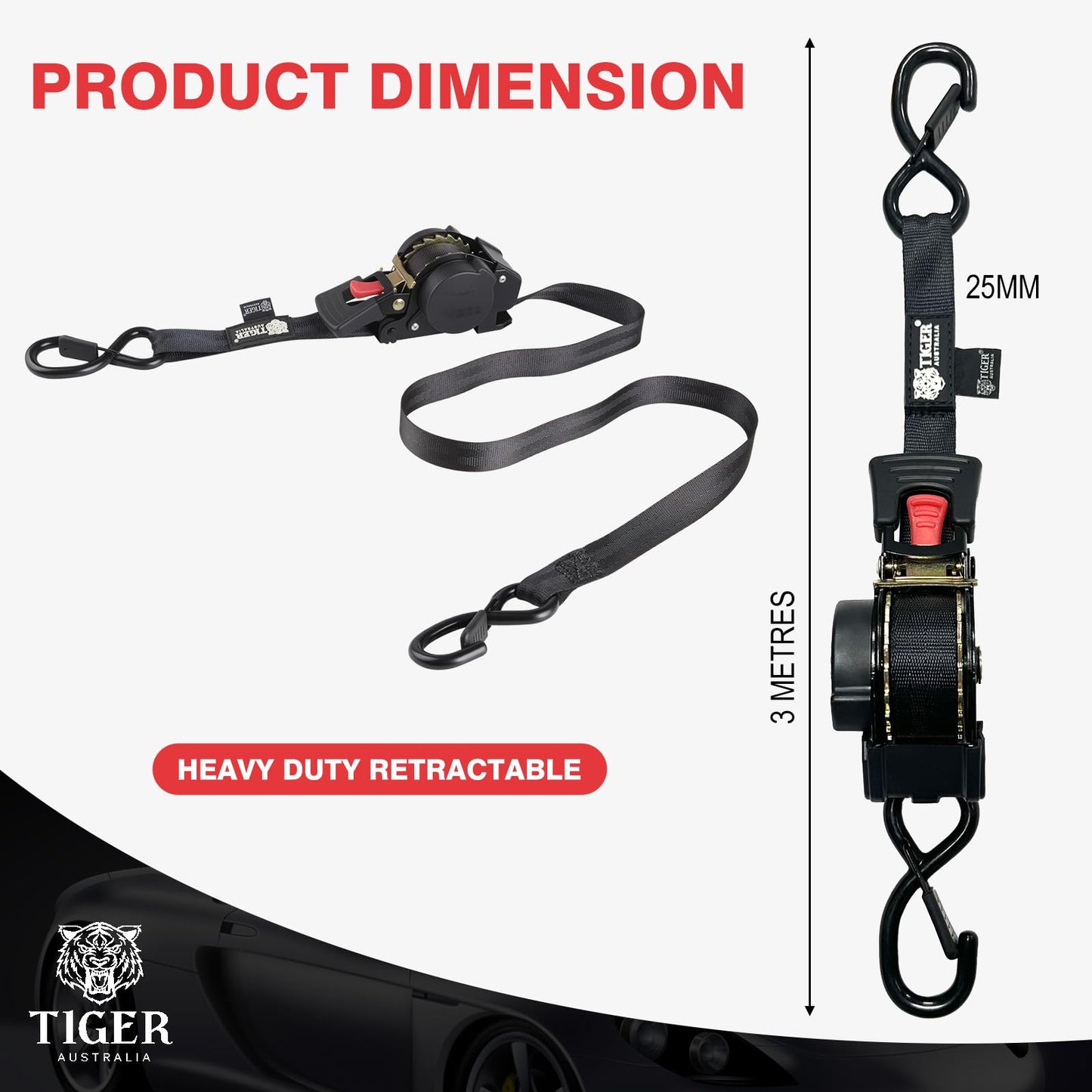 Tiger Australia Retractable Ratchet Straps 4 Pack – 25mm x 3m Tie Down Straps, 800KG Break Strength, with S-Hooks and Storage Bag, for Trailers, Utes, Boats, Moving