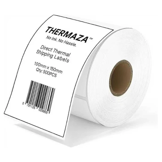 Roll of Thermaza direct thermal shipping labels on a white background