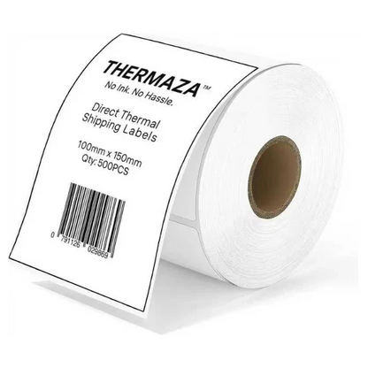 Roll of Thermaza direct thermal shipping labels on a white background