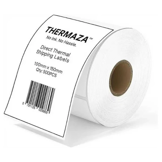 Roll of Thermaza direct thermal shipping labels on a white background