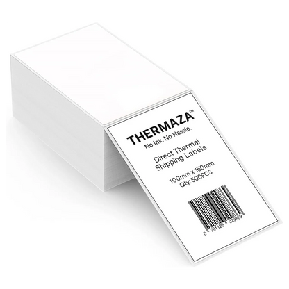 THERMAZA direct thermal shipping label with barcode on a white background