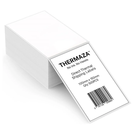 THERMAZA direct thermal shipping label with barcode on a white background